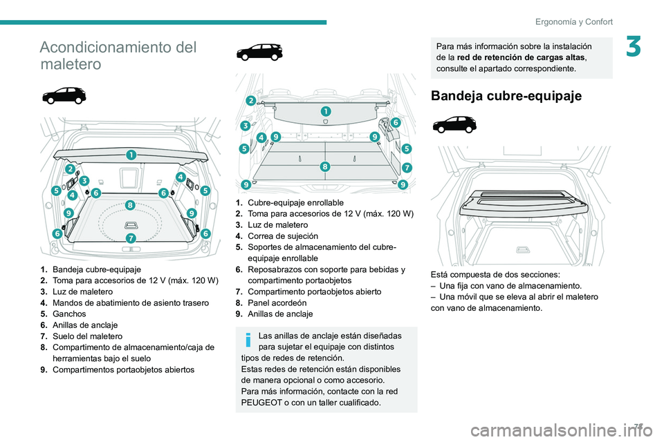 PEUGEOT 5008 2021 Manual del propietario (in Spanish) 73
ErgonomÃa y Confort
3Acondicionamiento del maletero
1. Bandeja cubre-equipaje
2. Toma para accesorios de 12 V (máx. 120 W)
3. Luz de maletero
4. Mandos de abatimiento de asiento trasero
5 PEUGEOT 5008 2021 Manual del propietario (in Spanish) 73
ErgonomÃa y Confort
3Acondicionamiento del maletero
1. Bandeja cubre-equipaje
2. Toma para accesorios de 12 V (máx. 120 W)
3. Luz de maletero
4. Mandos de abatimiento de asiento trasero
5