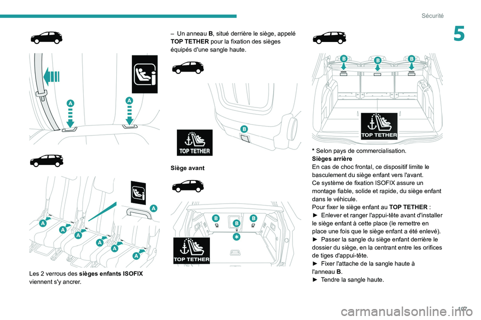 PEUGEOT 5008 2021 Manuel du propriétaire (in French) 107
Sécurité
5
Les 2 verrous des sièges enfants ISOFIX
viennent s'y ancrer . –
Un anneau
B
, situé derrière le siège, appelé
TOP TETHER pour la fixation des siège PEUGEOT 5008 2021 Manuel du propriétaire (in French) 107
Sécurité
5
Les 2 verrous des sièges enfants ISOFIX
viennent s'y ancrer . –
Un anneau
B
, situé derrière le siège, appelé
TOP TETHER pour la fixation des siège