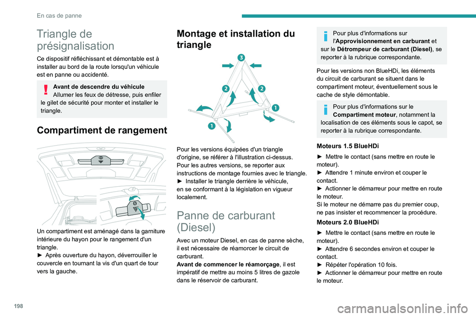 PEUGEOT 5008 2021 Manuel du propriétaire (in French) 198
En cas de panne
Triangle de présignalisation
Ce dispositif réfléchissant et démontable est Ã
installer au bord de la route lorsqu'un véhicule
est en panne ou accidenté.
Avant de desce PEUGEOT 5008 2021 Manuel du propriétaire (in French) 198
En cas de panne
Triangle de présignalisation
Ce dispositif réfléchissant et démontable est Ã
installer au bord de la route lorsqu'un véhicule
est en panne ou accidenté.
Avant de desce