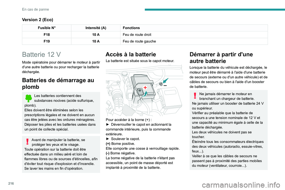 PEUGEOT 5008 2021 Manuel du propriétaire (in French) 216
En cas de panne
Version 2 (Eco)
Fusible N°Intensité (A) Fonctions
F18 10 AFeu de route droit
F19 10 AFeu de route gauche
Batterie 12 V
Mode opératoire pour démarrer le moteur à partir
d' PEUGEOT 5008 2021 Manuel du propriétaire (in French) 216
En cas de panne
Version 2 (Eco)
Fusible N°Intensité (A) Fonctions
F18 10 AFeu de route droit
F19 10 AFeu de route gauche
Batterie 12 V
Mode opératoire pour démarrer le moteur à partir
d'