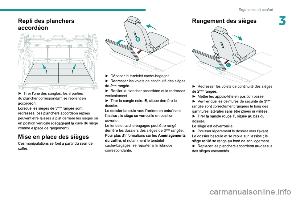 PEUGEOT 5008 2021 Manuel du propriétaire (in French) 55
Ergonomie et confort
3Repli des planchers
accordéon
► Tirer l'une des sangles, les 3 parties
du plancher correspondant se replient en
accordéon.
Lorsque les sièges de 3
ème rangé PEUGEOT 5008 2021 Manuel du propriétaire (in French) 55
Ergonomie et confort
3Repli des planchers
accordéon
► Tirer l'une des sangles, les 3 parties
du plancher correspondant se replient en
accordéon.
Lorsque les sièges de 3
ème rangé