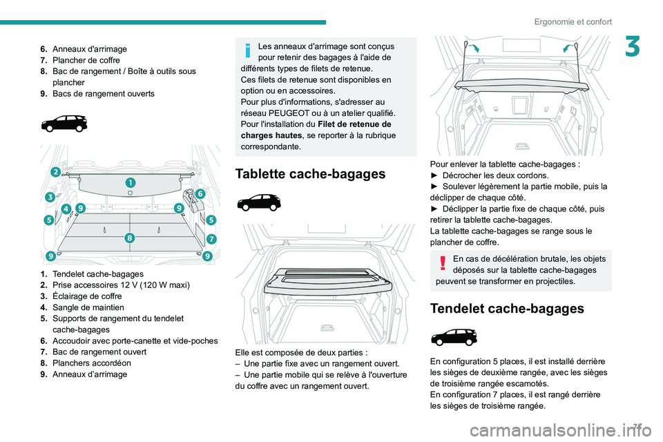 PEUGEOT 5008 2021 Manuel du propriétaire (in French) 71
Ergonomie et confort
36.Anneaux d'arrimage
7. Plancher de coffre
8. Bac de rangement
/ Boîte à outils sous
plancher
9. Bacs de rangement ouverts
1. Tendelet cache-bagages
2. Prise PEUGEOT 5008 2021 Manuel du propriétaire (in French) 71
Ergonomie et confort
36.Anneaux d'arrimage
7. Plancher de coffre
8. Bac de rangement
/ Boîte à outils sous
plancher
9. Bacs de rangement ouverts
1. Tendelet cache-bagages
2. Prise