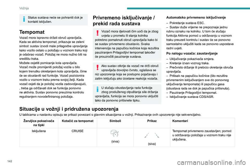 PEUGEOT 5008 2021 Upute Za Rukovanje (in Croatian) 142
Vožnja
Status sustava neće se pohraniti dok je
kontakt isključen.
Tempomat
Vozač mora ispravno držati obruč upravljača.
Kada se aktivira tempomat, prikazuje se zeleni
simbol: sustav izvod PEUGEOT 5008 2021 Upute Za Rukovanje (in Croatian) 142
Vožnja
Status sustava neće se pohraniti dok je
kontakt isključen.
Tempomat
Vozač mora ispravno držati obruč upravljača.
Kada se aktivira tempomat, prikazuje se zeleni
simbol: sustav izvod
