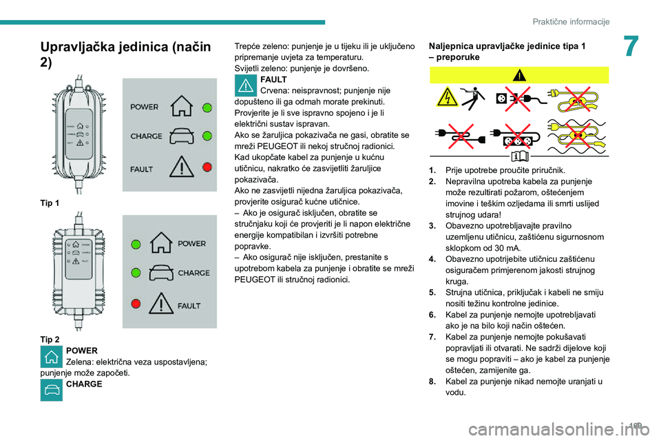 PEUGEOT 5008 2021 Upute Za Rukovanje (in Croatian) 169
Praktične informacije
7Upravljačka jedinica (način
2)
Tip 1
Tip 2POWER
Zelena: električna veza uspostavljena;
punjenje može započeti.
CHARGE Trepće zeleno: punjenje je u tijeku il PEUGEOT 5008 2021 Upute Za Rukovanje (in Croatian) 169
Praktične informacije
7Upravljačka jedinica (način
2)
Tip 1
Tip 2POWER
Zelena: električna veza uspostavljena;
punjenje može započeti.
CHARGE Trepće zeleno: punjenje je u tijeku il