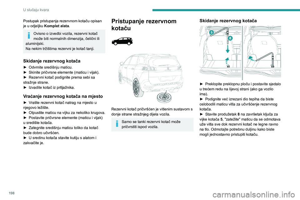 PEUGEOT 5008 2021 Upute Za Rukovanje (in Croatian) 198
U slučaju kvara
Postupak pristupanja rezervnom kotaču opisan
je u odjeljku Komplet alata.
Ovisno o izvedbi vozila, rezervni kotač
može biti normalnih dimenzija, čelični ili
aluminijski.
N PEUGEOT 5008 2021 Upute Za Rukovanje (in Croatian) 198
U slučaju kvara
Postupak pristupanja rezervnom kotaču opisan
je u odjeljku Komplet alata.
Ovisno o izvedbi vozila, rezervni kotač
može biti normalnih dimenzija, čelični ili
aluminijski.
N