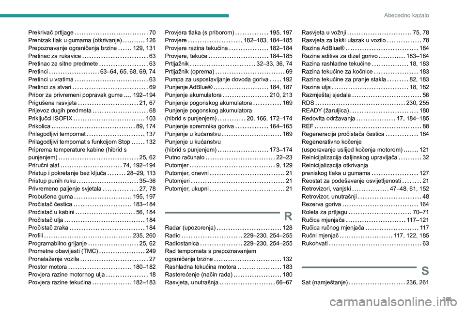 PEUGEOT 5008 2021 Upute Za Rukovanje (in Croatian) 269
Abecedno kazalo
Prekrivač prtljage 70Prenizak tlak u gumama (otkrivanje) 126Prepoznavanje ograničenja brzine 129, 131Pretinac za rukavice 63Pretinac za sitne predmete 63Pretinci 63 PEUGEOT 5008 2021 Upute Za Rukovanje (in Croatian) 269
Abecedno kazalo
Prekrivač prtljage 70Prenizak tlak u gumama (otkrivanje) 126Prepoznavanje ograničenja brzine 129, 131Pretinac za rukavice 63Pretinac za sitne predmete 63Pretinci 63