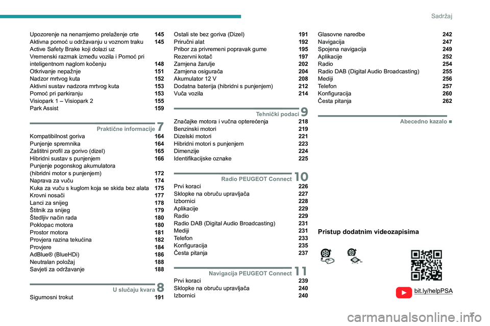PEUGEOT 5008 2021  Upute Za Rukovanje (in Croatian) 3
Sadržaj
  
  
 
 
 
 
Upozorenje na nenamjerno prelaženje crte  145
Aktivna pomoć u održavanju u voznom traku  145Active Safety Brake koji dolazi uz  
Vremenski razmak između vozila i Pomoć pr