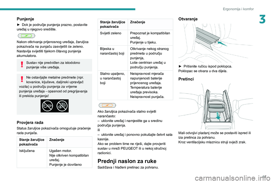 PEUGEOT 5008 2021  Upute Za Rukovanje (in Croatian) 65
Ergonomija i komfor
3Punjenje
► Dok je područje punjenja prazno, postavite uređaj u njegovo središte. 
 
Nakon otkrivanja prijenosnog uređaja, žaruljica 
pokazivača na punjaču zasvijetlit 