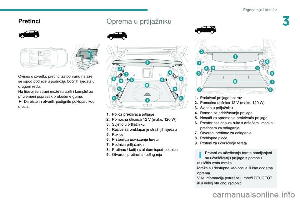 PEUGEOT 5008 2021 Upute Za Rukovanje (in Croatian) 69
Ergonomija i komfor
3Pretinci
Ovisno o izvedbi, pretinci za pohranu nalaze
se ispod podnice u podnožju bočnih sjedala u
drugom redu.
Na lijevoj se strani može nalaziti i komplet za
priv PEUGEOT 5008 2021 Upute Za Rukovanje (in Croatian) 69
Ergonomija i komfor
3Pretinci
Ovisno o izvedbi, pretinci za pohranu nalaze
se ispod podnice u podnožju bočnih sjedala u
drugom redu.
Na lijevoj se strani može nalaziti i komplet za
priv