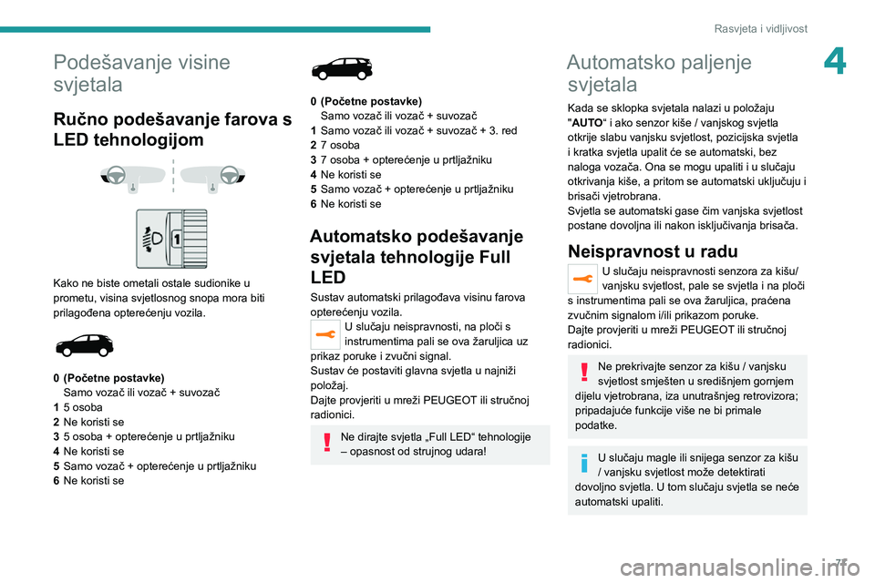 PEUGEOT 5008 2021 Upute Za Rukovanje (in Croatian) 77
Rasvjeta i vidljivost
4Podešavanje visine
svjetala
Ručno podešavanje farova s
LED tehnologijom
Kako ne biste ometali ostale sudionike u
prometu, visina svjetlosnog snopa mora biti
pri PEUGEOT 5008 2021 Upute Za Rukovanje (in Croatian) 77
Rasvjeta i vidljivost
4Podešavanje visine
svjetala
Ručno podešavanje farova s
LED tehnologijom
Kako ne biste ometali ostale sudionike u
prometu, visina svjetlosnog snopa mora biti
pri