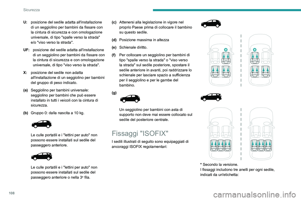 PEUGEOT 5008 2021 Manuale duso (in Italian) 108
Sicurezza
U:posizione del sedile adatta all'installazione
di un seggiolino per bambini da fissare con
la cintura di sicurezza e con omologazione
universale, di tipo "spalle verso la str PEUGEOT 5008 2021 Manuale duso (in Italian) 108
Sicurezza
U:posizione del sedile adatta all'installazione
di un seggiolino per bambini da fissare con
la cintura di sicurezza e con omologazione
universale, di tipo "spalle verso la str