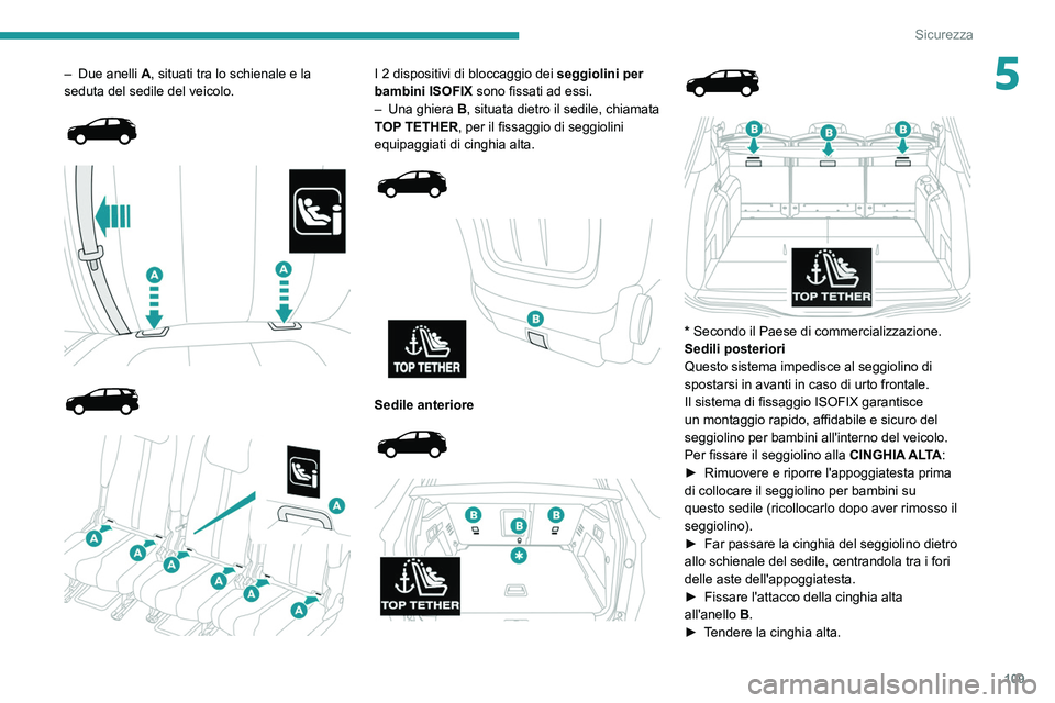 PEUGEOT 5008 2021 Manuale duso (in Italian) 109
Sicurezza
5– Due anelli A , situati tra lo schienale e la
seduta del sedile del veicolo.
I 2 dispositivi di bloccaggio dei seggiolini per
bambini ISOFIX sono fissati ad essi.
PEUGEOT 5008 2021 Manuale duso (in Italian) 109
Sicurezza
5– Due anelli A , situati tra lo schienale e la
seduta del sedile del veicolo.
I 2 dispositivi di bloccaggio dei seggiolini per
bambini ISOFIX sono fissati ad essi.