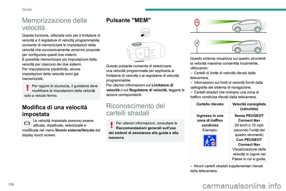 PEUGEOT 5008 2021 Manuale duso (in Italian) 136
Guida
Memorizzazione delle
velocità
Questa funzione, utilizzata solo per il limitatore di
velocità e il regolatore di velocità programmabile,
consente di memorizzare le impostazioni della
v PEUGEOT 5008 2021 Manuale duso (in Italian) 136
Guida
Memorizzazione delle
velocità
Questa funzione, utilizzata solo per il limitatore di
velocità e il regolatore di velocità programmabile,
consente di memorizzare le impostazioni della
v