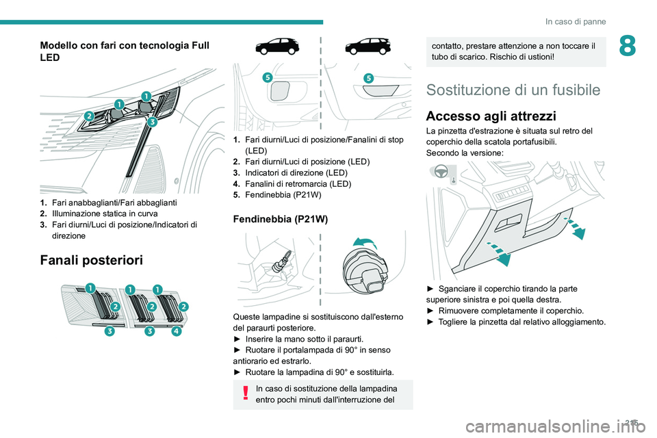 PEUGEOT 5008 2021 Manuale duso (in Italian) 215
In caso di panne
8Modello con fari con tecnologia Full
LED
1. Fari anabbaglianti/Fari abbaglianti
2. Illuminazione statica in curva
3. Fari diurni/Luci di posizione/Indicatori di
direzione
F PEUGEOT 5008 2021 Manuale duso (in Italian) 215
In caso di panne
8Modello con fari con tecnologia Full
LED
1. Fari anabbaglianti/Fari abbaglianti
2. Illuminazione statica in curva
3. Fari diurni/Luci di posizione/Indicatori di
direzione
F