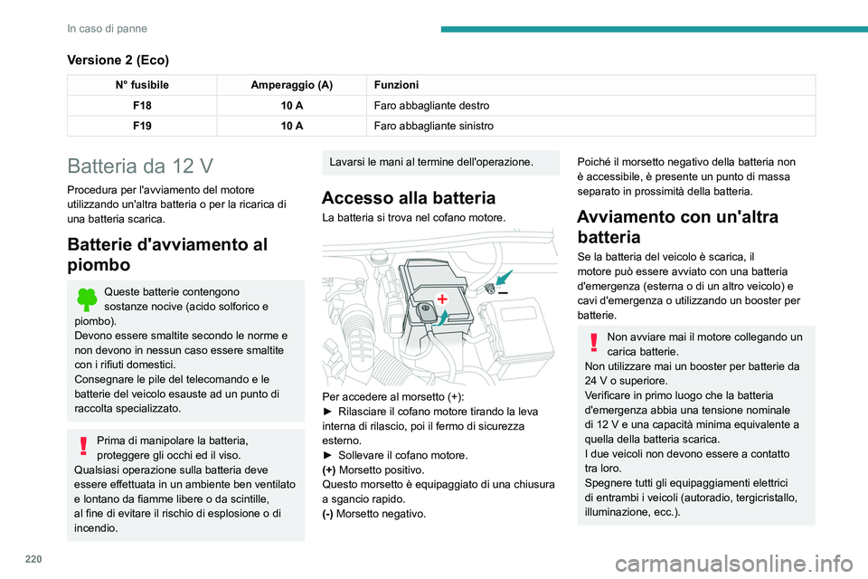 PEUGEOT 5008 2021 Manuale duso (in Italian) 220
In caso di panne
Versione 2 (Eco)
N° fusibileAmperaggio (A) Funzioni
F18 10 AFaro abbagliante destro
F19 10 AFaro abbagliante sinistro
Batteria da 12 V
Procedura per l'avviamento del motore
PEUGEOT 5008 2021 Manuale duso (in Italian) 220
In caso di panne
Versione 2 (Eco)
N° fusibileAmperaggio (A) Funzioni
F18 10 AFaro abbagliante destro
F19 10 AFaro abbagliante sinistro
Batteria da 12 V
Procedura per l'avviamento del motore