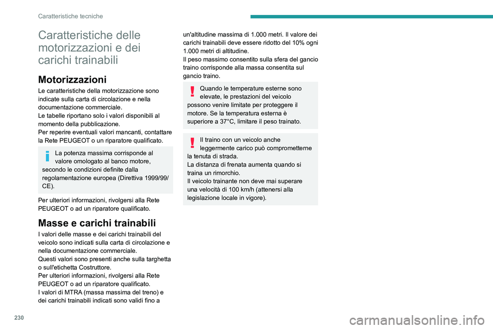 PEUGEOT 5008 2021 Manuale duso (in Italian) 230
Caratteristiche tecniche
Caratteristiche delle
motorizzazioni e dei
carichi trainabili
Motorizzazioni
Le caratteristiche della motorizzazione sono
indicate sulla carta di circolazione e nella
PEUGEOT 5008 2021 Manuale duso (in Italian) 230
Caratteristiche tecniche
Caratteristiche delle
motorizzazioni e dei
carichi trainabili
Motorizzazioni
Le caratteristiche della motorizzazione sono
indicate sulla carta di circolazione e nella