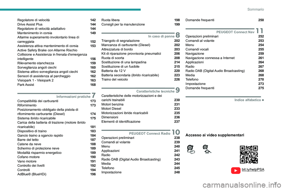 PEUGEOT 5008 2021  Manuale duso (in Italian) 3
Sommario
  
  
 
 
 
 
Regolatore di velocità  142
Drive Assist  Plus  144
Regolatore di velocità adattativo  144
Mantenimento in corsia  149
Allarme superamento involontario linea di 
carreggiata