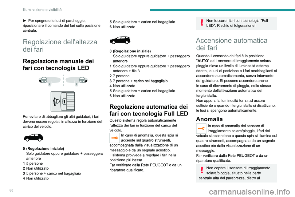 PEUGEOT 5008 2021 Manuale duso (in Italian) 80
Illuminazione e visibilità
► Per spegnere le luci di parcheggio,
riposizionare il comando dei fari sulla posizione
centrale.
Regolazione dell'altezza
dei fari
Regolazione manuale dei
far PEUGEOT 5008 2021 Manuale duso (in Italian) 80
Illuminazione e visibilità
► Per spegnere le luci di parcheggio,
riposizionare il comando dei fari sulla posizione
centrale.
Regolazione dell'altezza
dei fari
Regolazione manuale dei
far