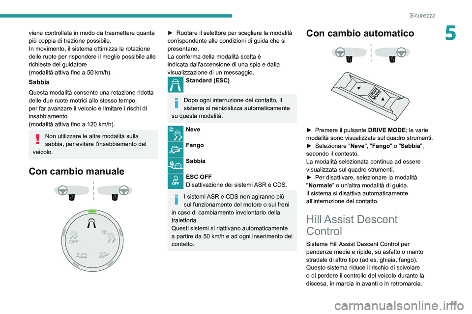 PEUGEOT 5008 2021 Manuale duso (in Italian) 95
Sicurezza
5viene controllata in modo da trasmettere quanta
più coppia di trazione possibile.
In movimento, il sistema ottimizza la rotazione
delle ruote per rispondere il meglio possibile alle
PEUGEOT 5008 2021 Manuale duso (in Italian) 95
Sicurezza
5viene controllata in modo da trasmettere quanta
più coppia di trazione possibile.
In movimento, il sistema ottimizza la rotazione
delle ruote per rispondere il meglio possibile alle