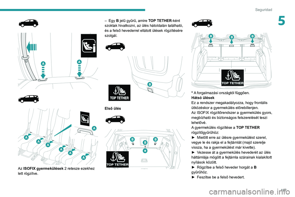 PEUGEOT 5008 2021 Kezelési útmutató (in Hungarian) 107
Seguridad
5
Az ISOFIX gyermekülések 2 retesze ezekhez
lett rögzítve. –
Egy
B jelű gyűrű, amire
TOP TETHER-ként
szoktak hivatkozni, az ülés hátoldalán találhat PEUGEOT 5008 2021 Kezelési útmutató (in Hungarian) 107
Seguridad
5
Az ISOFIX gyermekülések 2 retesze ezekhez
lett rögzítve. –
Egy
B jelű gyűrű, amire
TOP TETHER-ként
szoktak hivatkozni, az ülés hátoldalán találhat