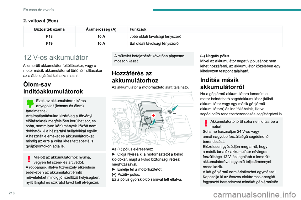 PEUGEOT 5008 2021 Kezelési útmutató (in Hungarian) 216
En caso de avería
2. változat (Eco)
Biztosíték számaÁramerősség (A)Funkciók
F18 10 AJobb oldali távolsági fényszóró
F19 10 ABal oldali távolsági fényszóró
12 V-os akkumulátor
A PEUGEOT 5008 2021 Kezelési útmutató (in Hungarian) 216
En caso de avería
2. változat (Eco)
Biztosíték számaÁramerősség (A)Funkciók
F18 10 AJobb oldali távolsági fényszóró
F19 10 ABal oldali távolsági fényszóró
12 V-os akkumulátor
A