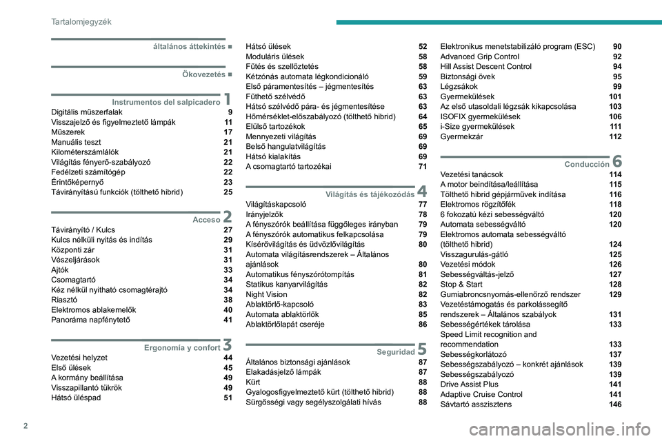 PEUGEOT 5008 2021 Kezelési útmutató (in Hungarian) 2
Tartalomjegyzék
■
általános áttekintés
■
Ökovezetés
1Instrumentos del salpicaderoDigitális műszerfalak 9
Visszajelző és figyelmeztető lámpák 11
Műszerek 17
Manuális t PEUGEOT 5008 2021 Kezelési útmutató (in Hungarian) 2
Tartalomjegyzék
■
általános áttekintés
■
Ökovezetés
1Instrumentos del salpicaderoDigitális műszerfalak 9
Visszajelző és figyelmeztető lámpák 11
Műszerek 17
Manuális t