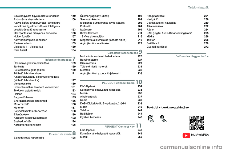 PEUGEOT 5008 2021  Kezelési útmutató (in Hungarian) 3
Tartalomjegyzék
  
  
 
 
 
 
Sávelhagyásra figyelmeztető rendszer  149
Aktív sávtartó-asszisztens  150
Active Safety BrakeKövetési távolságra   
vonatkozó figyelmeztetés és Intelligen