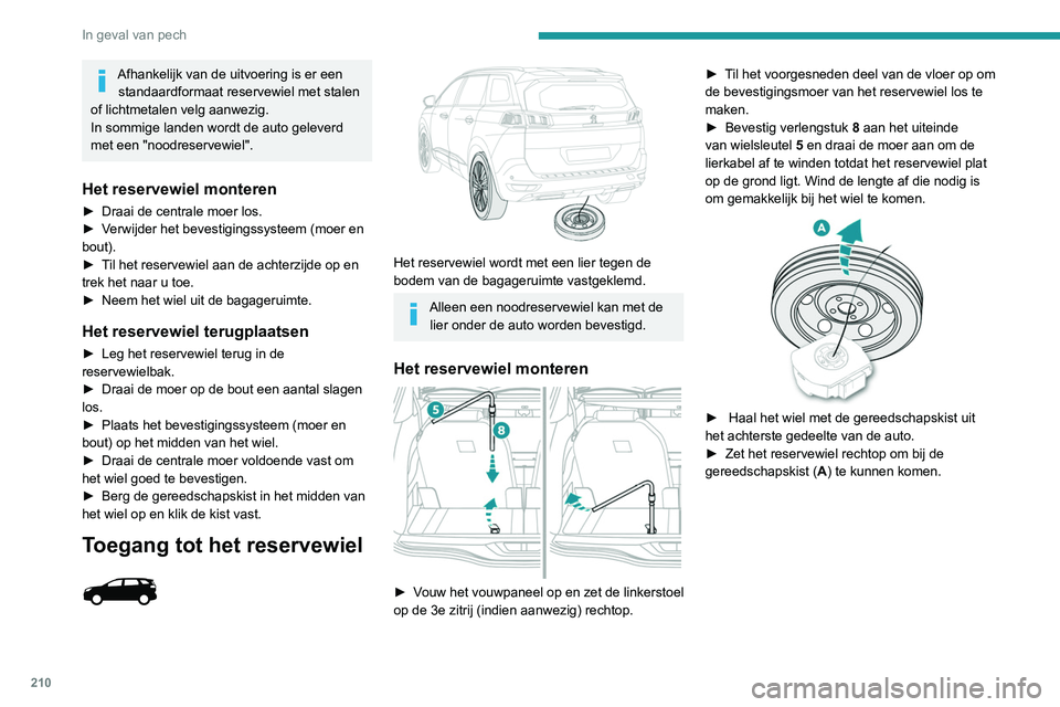 PEUGEOT 5008 2021  Instructieboekje (in Dutch) 210
In geval van pech
 
► Maak het verbindingsstuk los van het deksel 
van de kist (B - C).
►  Haal het verbindingsstuk door de naaf van 
het wiel om het wiel te kunnen verwijderen ( D).
Het geree
