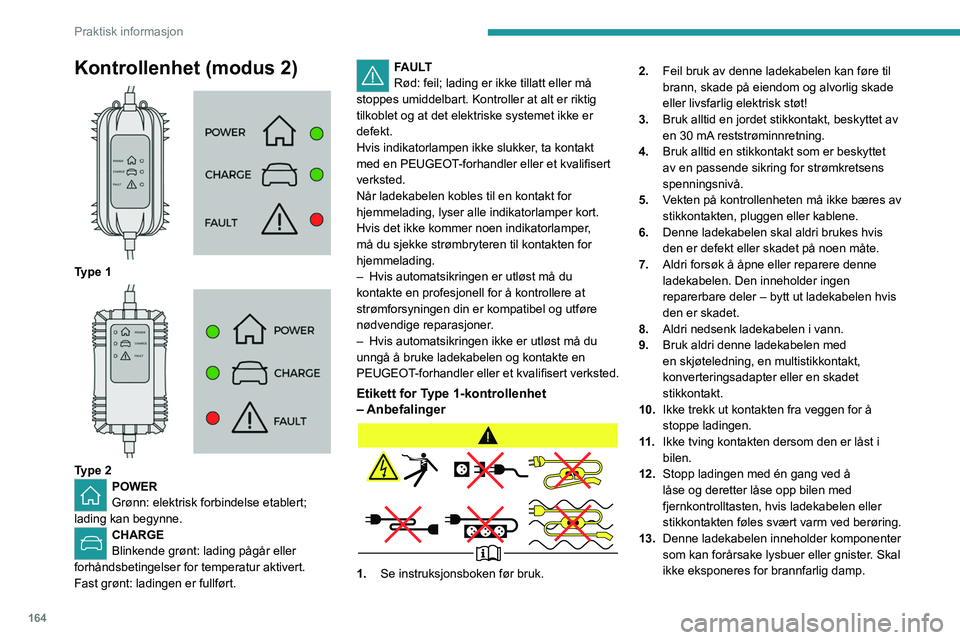 PEUGEOT 5008 2021 Instruksjoner for bruk (in Norwegian) 164
Praktisk informasjon
Kontrollenhet (modus 2)
Type 1
Type 2POWER
Grønn: elektrisk forbindelse etablert;
lading kan begynne.
CHARGE
Blinkende grønt: lading pågår eller
forhåndsbetingel PEUGEOT 5008 2021 Instruksjoner for bruk (in Norwegian) 164
Praktisk informasjon
Kontrollenhet (modus 2)
Type 1
Type 2POWER
Grønn: elektrisk forbindelse etablert;
lading kan begynne.
CHARGE
Blinkende grønt: lading pågår eller
forhåndsbetingel
