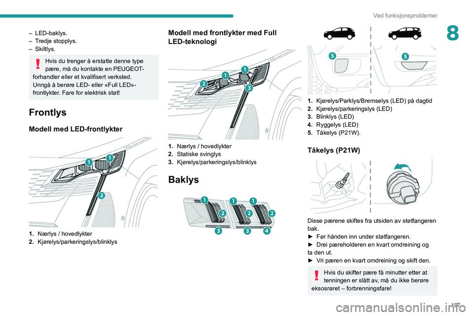 PEUGEOT 5008 2021 Instruksjoner for bruk (in Norwegian) 197
Ved funksjonsproblemer
8– LED-baklys.
– T redje stopplys.
–
Skiltlys.
Hvis du trenger å erstatte denne type
pære, må du kontakte en PEUGEOT-
forhandler eller et kvalifisert verksted.
PEUGEOT 5008 2021 Instruksjoner for bruk (in Norwegian) 197
Ved funksjonsproblemer
8– LED-baklys.
– T redje stopplys.
–
Skiltlys.
Hvis du trenger å erstatte denne type
pære, må du kontakte en PEUGEOT-
forhandler eller et kvalifisert verksted.