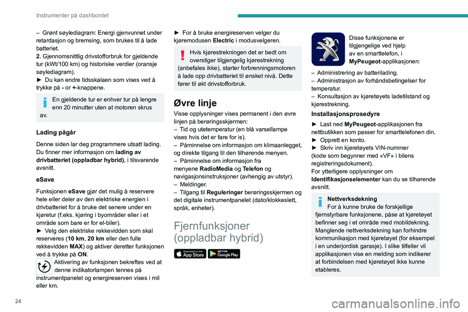 PEUGEOT 5008 2021 Instruksjoner for bruk (in Norwegian) 24
Instrumenter på dashbordet
– Grønt søylediagram: Energi gjenvunnet under
retardasjon og bremsing, som brukes til å lade
batteriet.
2.
Gjennomsnittlig drivstofforbruk for gjeldende
tur (kW PEUGEOT 5008 2021 Instruksjoner for bruk (in Norwegian) 24
Instrumenter på dashbordet
– Grønt søylediagram: Energi gjenvunnet under
retardasjon og bremsing, som brukes til å lade
batteriet.
2.
Gjennomsnittlig drivstofforbruk for gjeldende
tur (kW