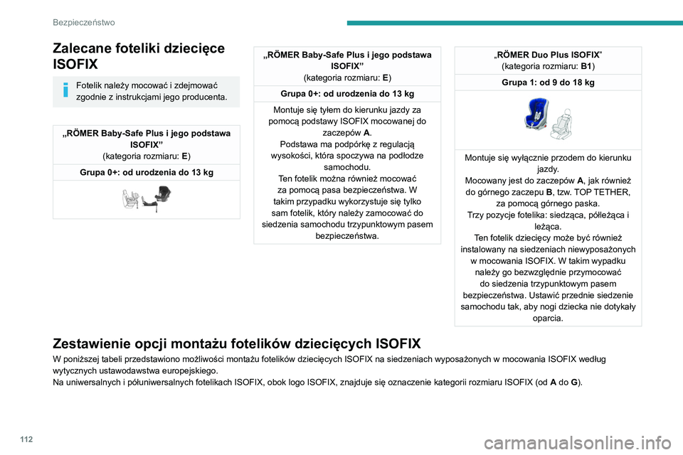 PEUGEOT 5008 2021 Instrukcja obsługi (in Polish) 11 2
Bezpieczeństwo
Zalecane foteliki dziecięce
ISOFIX
Fotelik należy mocować i zdejmować
zgodnie z instrukcjami jego producenta.
„RÖMER Baby-Safe Plus i jego podstawa ISOFIX”
(kategoria r PEUGEOT 5008 2021 Instrukcja obsługi (in Polish) 11 2
Bezpieczeństwo
Zalecane foteliki dziecięce
ISOFIX
Fotelik należy mocować i zdejmować
zgodnie z instrukcjami jego producenta.
„RÖMER Baby-Safe Plus i jego podstawa ISOFIX”
(kategoria r