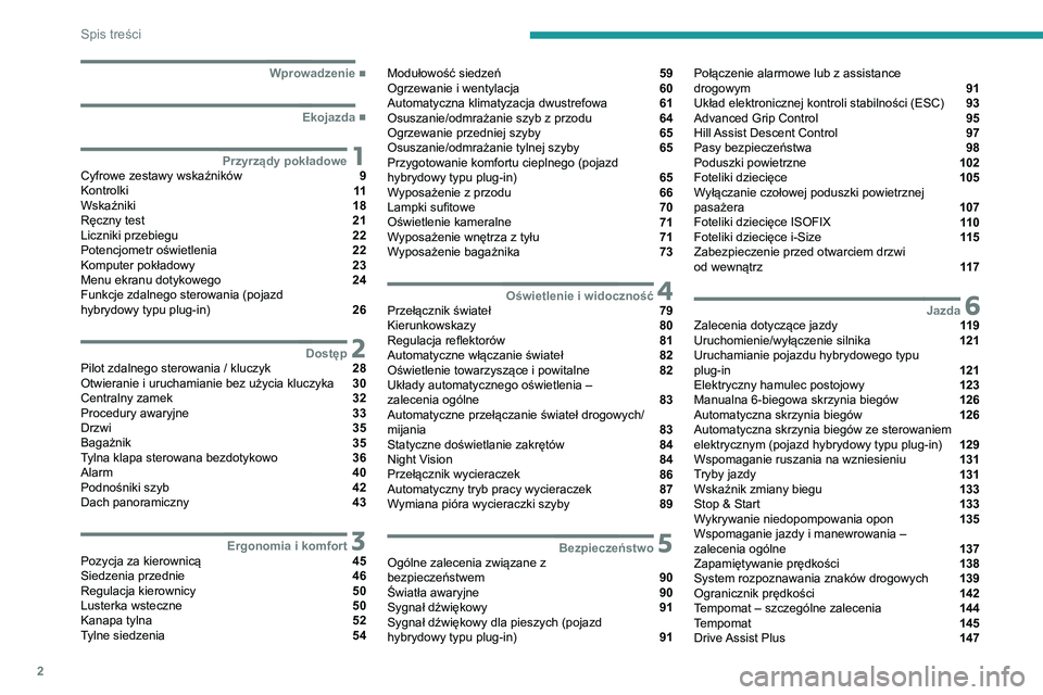 PEUGEOT 5008 2021  Instrukcja obsługi (in Polish) 2
Spis treści
  ■
Wprowadzenie
  ■
Ekojazda
 1Przyrządy pokładoweCyfrowe zestawy wskaźników  9
Kontrolki  11
Wskaźniki  18
Ręczny test  21
Liczniki przebiegu  22
Potencjometr oświetlen