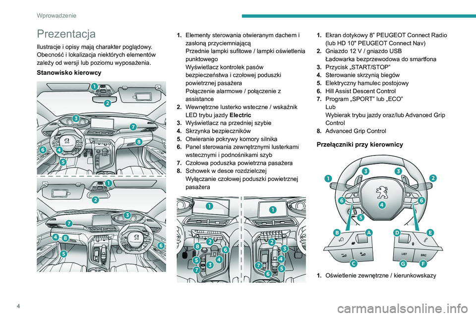 PEUGEOT 5008 2021 Instrukcja obsługi (in Polish) 4
Wprowadzenie
Prezentacja
Ilustracje i opisy mają charakter poglądowy.
Obecność i lokalizacja niektórych elementów
zależy od wersji lub poziomu wyposażenia.
Stanowisko kierowcy
1.Element PEUGEOT 5008 2021 Instrukcja obsługi (in Polish) 4
Wprowadzenie
Prezentacja
Ilustracje i opisy mają charakter poglądowy.
Obecność i lokalizacja niektórych elementów
zależy od wersji lub poziomu wyposażenia.
Stanowisko kierowcy
1.Element