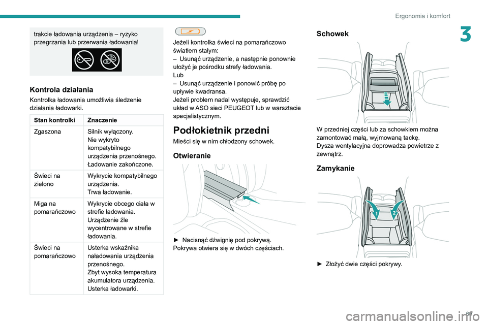 PEUGEOT 5008 2021 Instrukcja obsługi (in Polish) 69
Ergonomia i komfort
3trakcie ładowania urządzenia – ryzyko
przegrzania lub przerwania ładowania!
Kontrola działania
Kontrolka ładowania umożliwia śledzenie
działania ładowarki.
Stan ko PEUGEOT 5008 2021 Instrukcja obsługi (in Polish) 69
Ergonomia i komfort
3trakcie ładowania urządzenia – ryzyko
przegrzania lub przerwania ładowania!
Kontrola działania
Kontrolka ładowania umożliwia śledzenie
działania ładowarki.
Stan ko