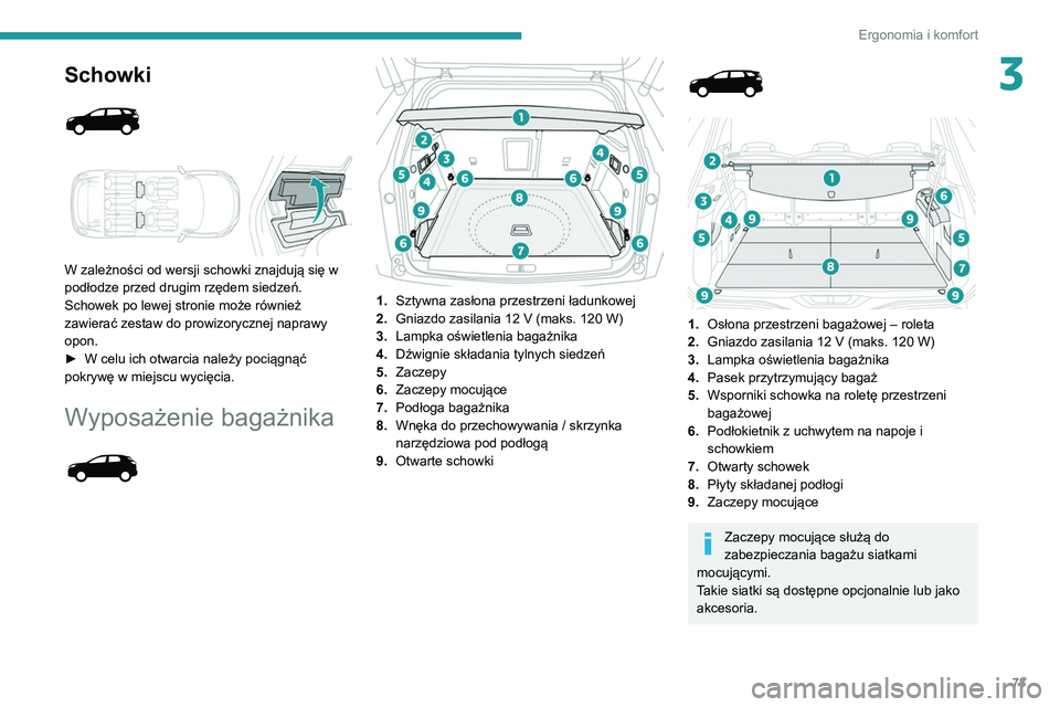 PEUGEOT 5008 2021 Instrukcja obsługi (in Polish) 73
Ergonomia i komfort
3Schowki
W zależności od wersji schowki znajdują się w
podłodze przed drugim rzędem siedzeń.
Schowek po lewej stronie może również
zawierać zestaw do prowizo PEUGEOT 5008 2021 Instrukcja obsługi (in Polish) 73
Ergonomia i komfort
3Schowki
W zależności od wersji schowki znajdują się w
podłodze przed drugim rzędem siedzeń.
Schowek po lewej stronie może również
zawierać zestaw do prowizo