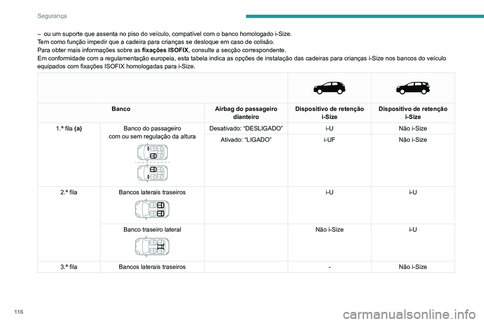 PEUGEOT 5008 2021 Manual de utilização (in Portuguese) 11 6
Segurança
– ou um suporte que assenta no piso do veículo, compatível com o ban\
co homologado i-Size.
T em como função impedir que a cadeira para crianças se desloque \
em caso de colisã PEUGEOT 5008 2021 Manual de utilização (in Portuguese) 11 6
Segurança
– ou um suporte que assenta no piso do veículo, compatível com o ban\
co homologado i-Size.
T em como função impedir que a cadeira para crianças se desloque \
em caso de colisã