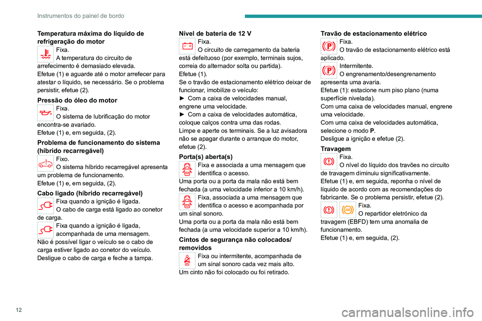 PEUGEOT 5008 2021 Manual de utilização (in Portuguese) 12
Instrumentos do painel de bordo
Temperatura máxima do líquido de
refrigeração do motor
Fixa.
A temperatura do circuito de
arrefecimento é demasiado elevada.
Efetue (1) e aguarde até o motor PEUGEOT 5008 2021 Manual de utilização (in Portuguese) 12
Instrumentos do painel de bordo
Temperatura máxima do líquido de
refrigeração do motor
Fixa.
A temperatura do circuito de
arrefecimento é demasiado elevada.
Efetue (1) e aguarde até o motor