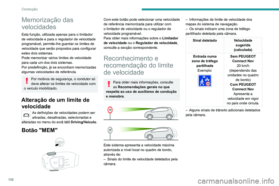 PEUGEOT 5008 2021 Manual de utilização (in Portuguese) 138
Condução
Memorização das
velocidades
Esta função, utilizada apenas para o limitador
de velocidade e para o regulador de velocidade
programável, permite-lhe guardar os limites de
velocid PEUGEOT 5008 2021 Manual de utilização (in Portuguese) 138
Condução
Memorização das
velocidades
Esta função, utilizada apenas para o limitador
de velocidade e para o regulador de velocidade
programável, permite-lhe guardar os limites de
velocid