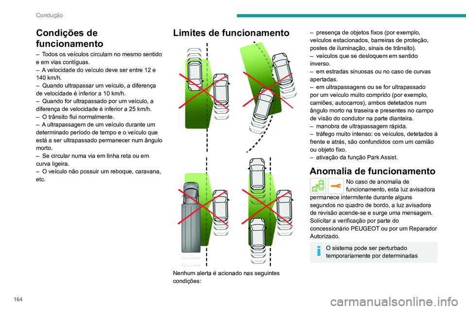 PEUGEOT 5008 2021  Manual de utilização (in Portuguese) 164
Condução
Condições de 
funcionamento
– Todos os veículos circulam no mesmo sentido 
e em vias contíguas.
– 
A
  velocidade do veículo deve ser entre 12 e 
140 km/h.
–
 
Quando ultrapa