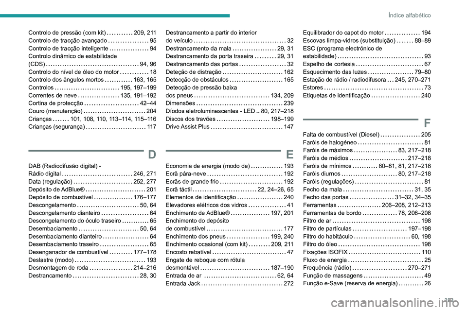 PEUGEOT 5008 2021 Manual de utilização (in Portuguese) 283
Índice alfabético
Controlo de pressão (com kit) 209, 211
Controlo de tracção avançado
95
Controlo de tracção inteligente
94
Controlo dinâmico de estabilidade
(CDS)
94 PEUGEOT 5008 2021 Manual de utilização (in Portuguese) 283
Índice alfabético
Controlo de pressão (com kit) 209, 211
Controlo de tracção avançado
95
Controlo de tracção inteligente
94
Controlo dinâmico de estabilidade
(CDS)
94
