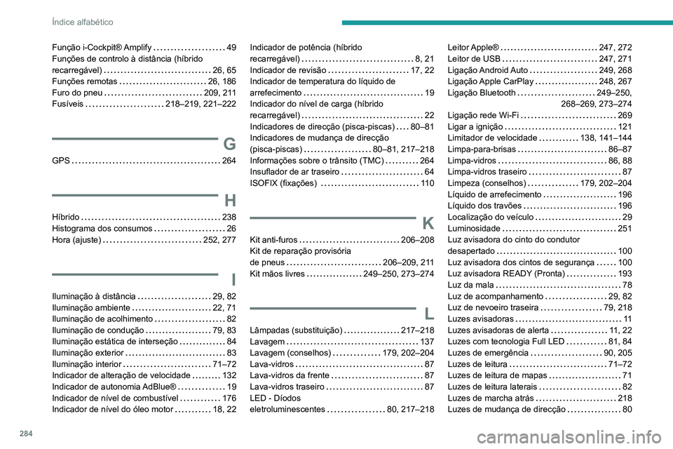 PEUGEOT 5008 2021 Manual de utilização (in Portuguese) 284
Índice alfabético
Função i-Cockpit® Amplify 49
Funções de controlo à distância (híbrido
recarregável)
26, 65
Funções remotas
26, 186
Furo do pneu
209, 211
Fusíve PEUGEOT 5008 2021 Manual de utilização (in Portuguese) 284
Índice alfabético
Função i-Cockpit® Amplify 49
Funções de controlo à distância (híbrido
recarregável)
26, 65
Funções remotas
26, 186
Furo do pneu
209, 211
Fusíve
