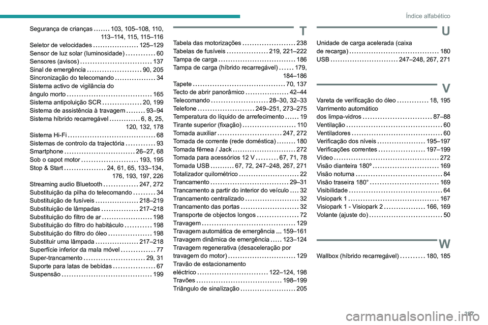 PEUGEOT 5008 2021  Manual de utilização (in Portuguese) 287
Índice alfabético
Segurança de crianças     103, 105–108, 110,  
113–114, 115, 115–116
Seletor de velocidades
    
125–129
Sensor de luz solar (luminosidade)
    
60
Sensores (avisos)
