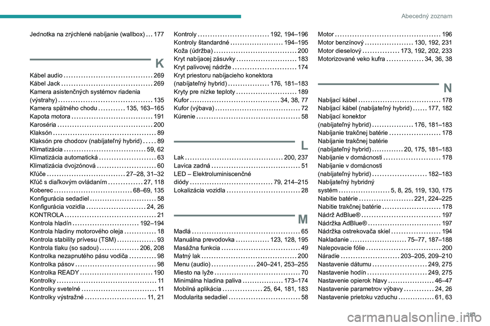 PEUGEOT 5008 2021  Návod na použitie (in Slovakian) 281
Abecedný zoznam
Jednotka na zrýchlené nabíjanie (wallbox)   177
K
Kábel audio   269Kábel Jack   269
Kamera asistenčných systémov riadenia 
(výstrahy)   135Kamera spätného chodu   135, 