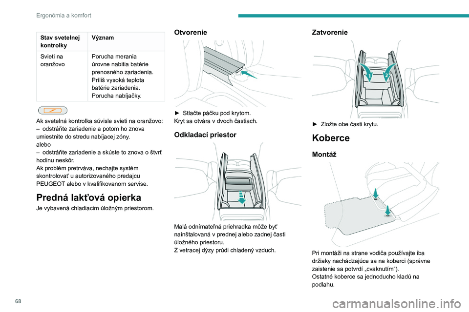 PEUGEOT 5008 2021 Návod na použitie (in Slovakian) 68
Ergonómia a komfort
Stav svetelnej
kontrolkyVýznam
Svieti na
oranžovo Porucha merania
úrovne nabitia batérie
prenosného zariadenia.
Príliš vysoká teplota
batérie zariadenia.
Porucha PEUGEOT 5008 2021 Návod na použitie (in Slovakian) 68
Ergonómia a komfort
Stav svetelnej
kontrolkyVýznam
Svieti na
oranžovo Porucha merania
úrovne nabitia batérie
prenosného zariadenia.
Príliš vysoká teplota
batérie zariadenia.
Porucha