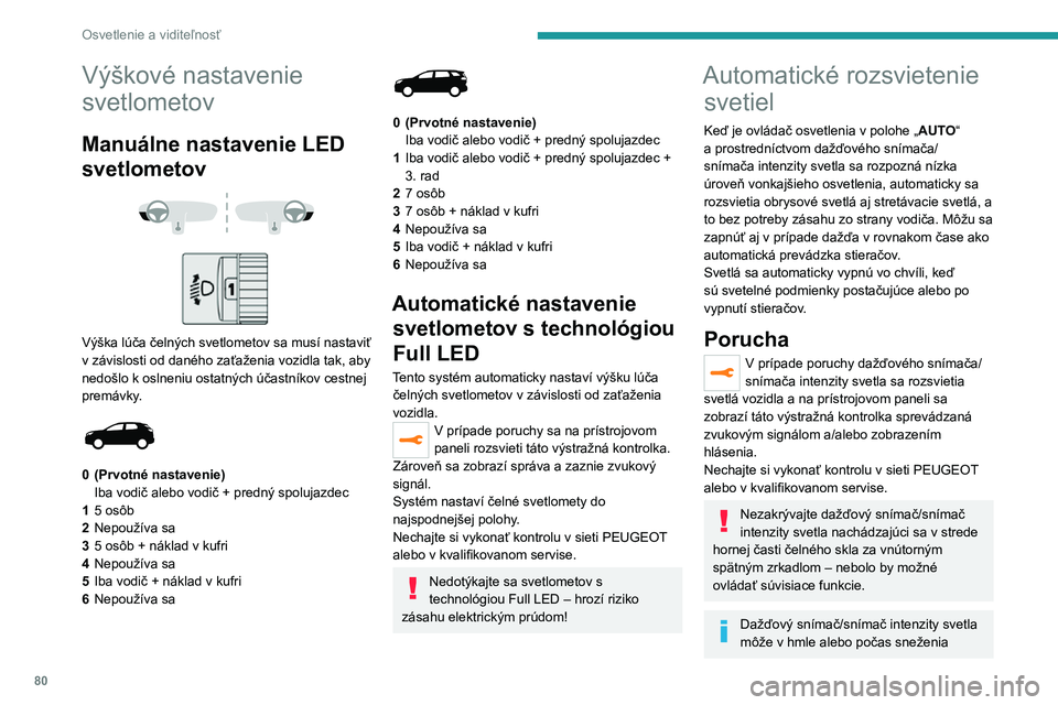 PEUGEOT 5008 2021 Návod na použitie (in Slovakian) 80
Osvetlenie a viditeľnosť
Výškové nastavenie
svetlometov
Manuálne nastavenie LED
svetlometov
Výška lúča čelných svetlometov sa musí nastaviť
v závislosti od daného zaťaže PEUGEOT 5008 2021 Návod na použitie (in Slovakian) 80
Osvetlenie a viditeľnosť
Výškové nastavenie
svetlometov
Manuálne nastavenie LED
svetlometov
Výška lúča čelných svetlometov sa musí nastaviť
v závislosti od daného zaťaže
