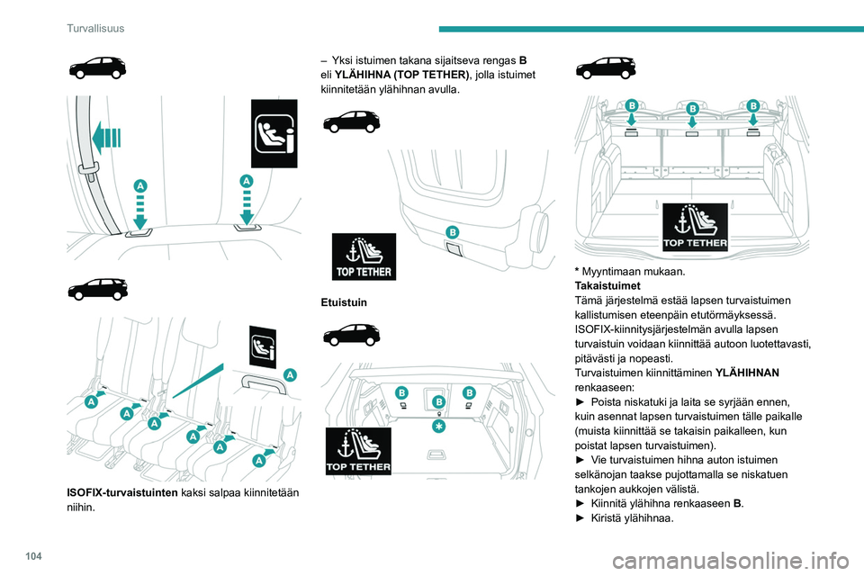 PEUGEOT 5008 2021  Omistajan Käsikirja (in Finnish) 104
Turvallisuus
Ennen kuin lapsen ISOFIX-
turvaistuin kiinnitetään takapenkin 
vasemmanpuoleiseen paikkaan, vedä 
valmiiksi keskimmäistä takaturvavyötä auton 
keskiosaa kohti niin, ettei turva