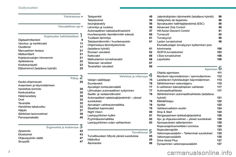 PEUGEOT 5008 2021  Omistajan Käsikirja (in Finnish) 2
Sisällysluettelo
  ■
Yleiskatsaus
  ■
Taloudellinen ajo
 1Kojelaudan hallintalaitteetDigitaalimittaristot  9
Varoitus- ja merkkivalot  11
Osoittimet  17
Manuaalinen testaus  21
Matkamittari