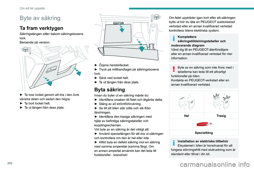 PEUGEOT 5008 2021 Bruksanvisningar (in Swedish) 202
Om ett fel uppstår
Version 1 (Full)
Box 1Säkringsnr Strömstyrka (A) Funktioner
F1 3 ANyckelfritt lås- och startsystem
F2 5 AMultifunktionsskärm
F5 5 ABackkamera - parkeringssensorer
F7 10 AHi PEUGEOT 5008 2021 Bruksanvisningar (in Swedish) 202
Om ett fel uppstår
Version 1 (Full)
Box 1Säkringsnr Strömstyrka (A) Funktioner
F1 3 ANyckelfritt lås- och startsystem
F2 5 AMultifunktionsskärm
F5 5 ABackkamera - parkeringssensorer
F7 10 AHi