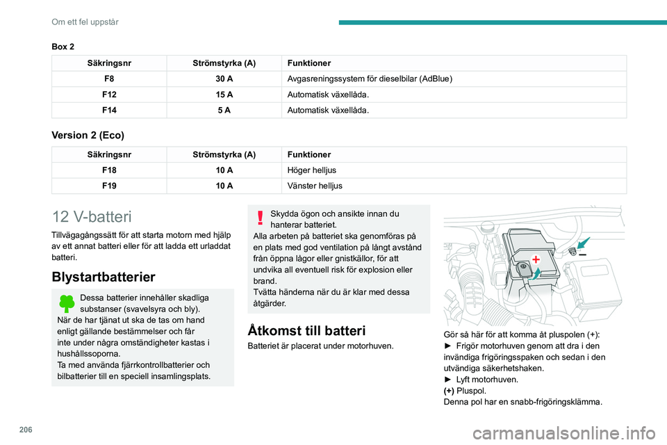 PEUGEOT 5008 2021 Bruksanvisningar (in Swedish) 206
Om ett fel uppstår
(-) Minuspol.
Eftersom batteriets minuspol inte är åtkomlig
finns en separat jordpunkt belägen nära
batteriet.
Starta motorn med hjälp av
ett annat batteri
Om bilens ba PEUGEOT 5008 2021 Bruksanvisningar (in Swedish) 206
Om ett fel uppstår
(-) Minuspol.
Eftersom batteriets minuspol inte är åtkomlig
finns en separat jordpunkt belägen nära
batteriet.
Starta motorn med hjälp av
ett annat batteri
Om bilens ba